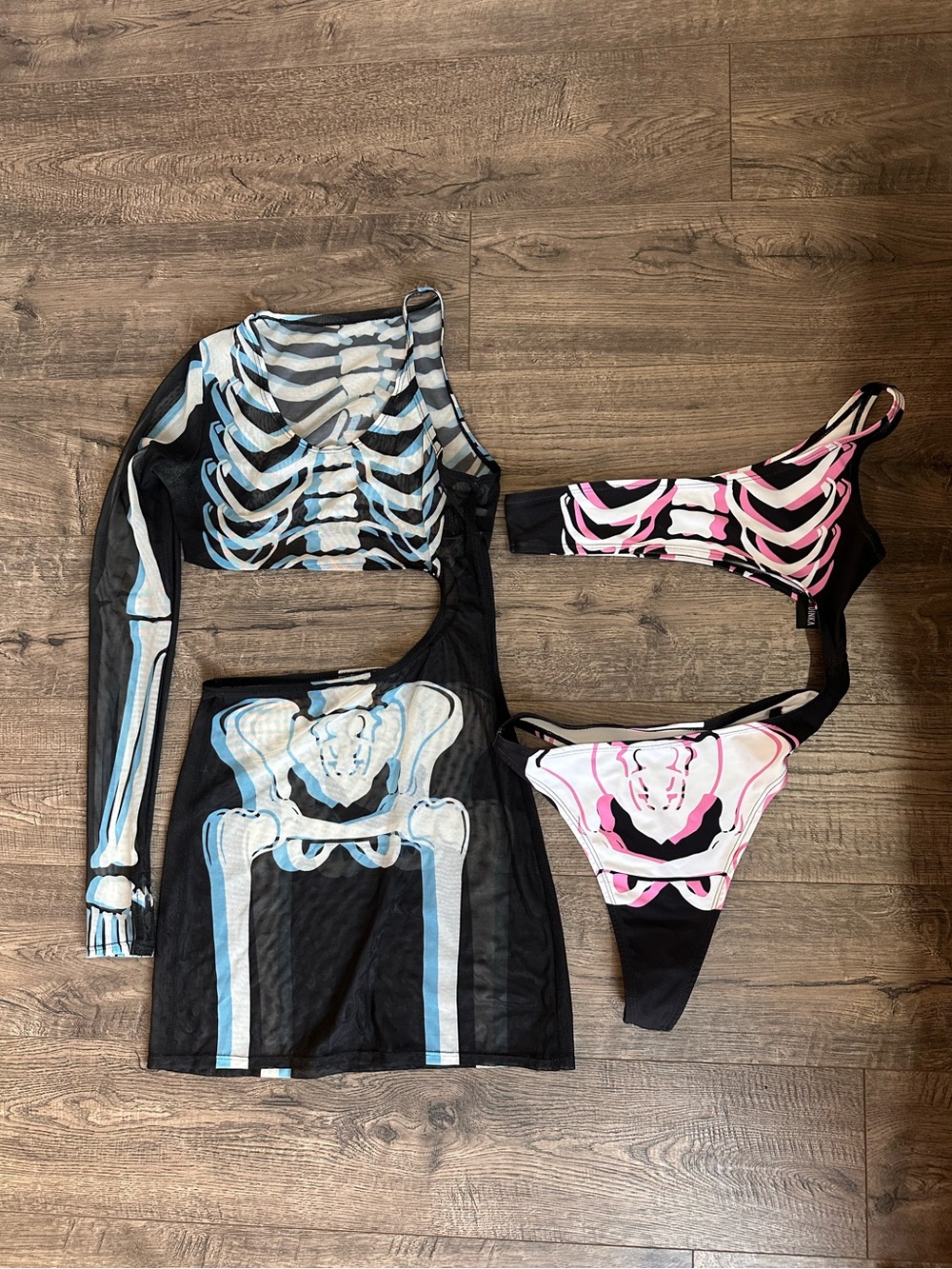 Badinka One Shoulder Rave Skeleton Mesh Dress Set